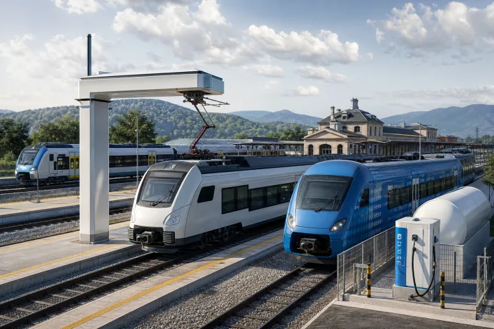 Illustration of a catenary-free regional train with battery and hydrogen technology at a European station