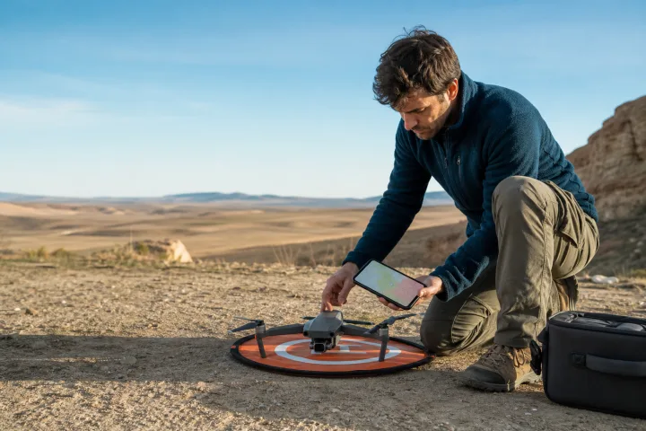 Pilot preparing a consumer drone in an open area while checking a map of airspace restrictions