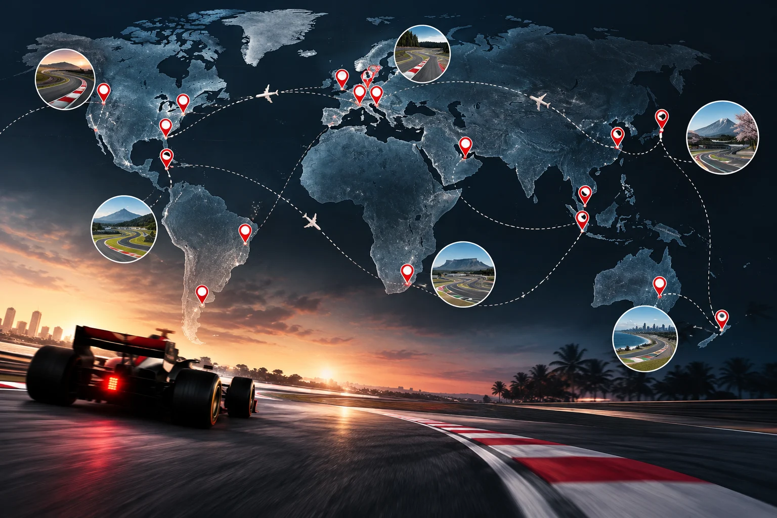 Mappa stilizzata con le rotte internazionali di una stagione di Formula 1