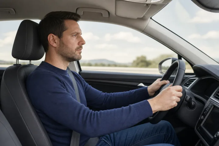 Interior of a passenger car with the driver's head restraint correctly aligned behind the head