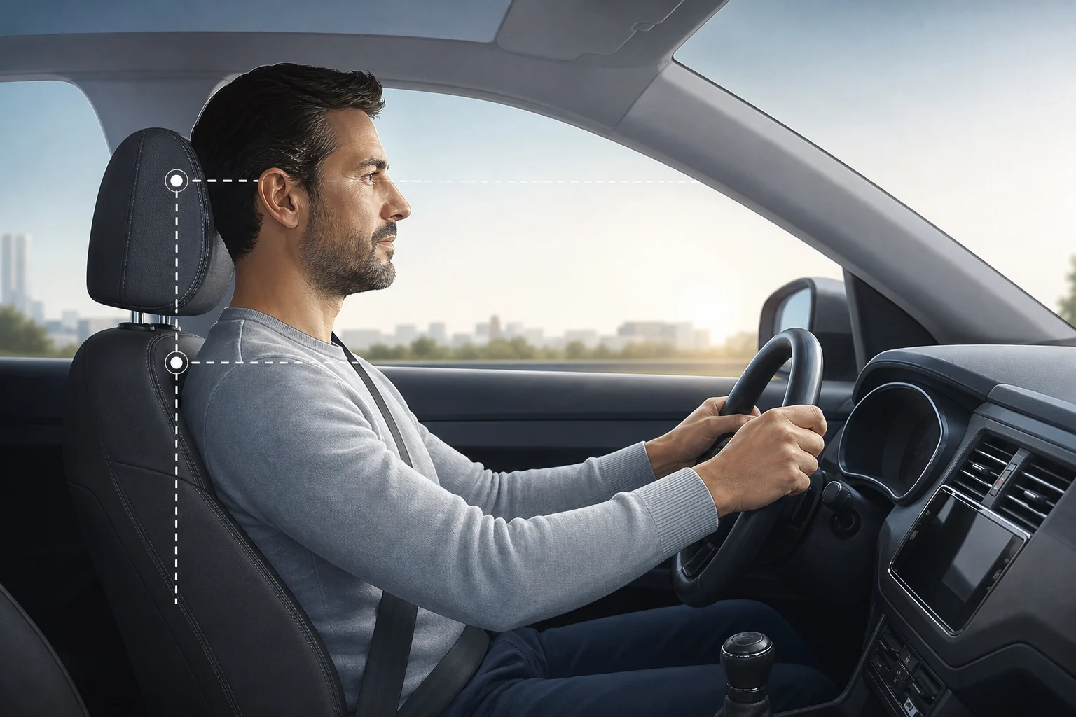 Driver seated with the top edge of the head restraint at a height close to the top of the head