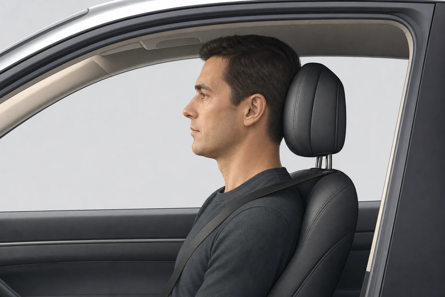 Side view of an occupant with the head close to the head restraint and aligned with its central area