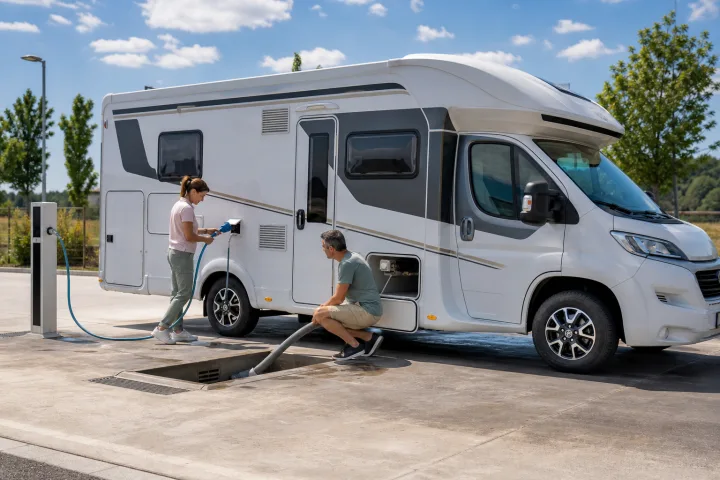 Motorhome beside a service station for filling water and emptying tanks, with hoses and signage visible