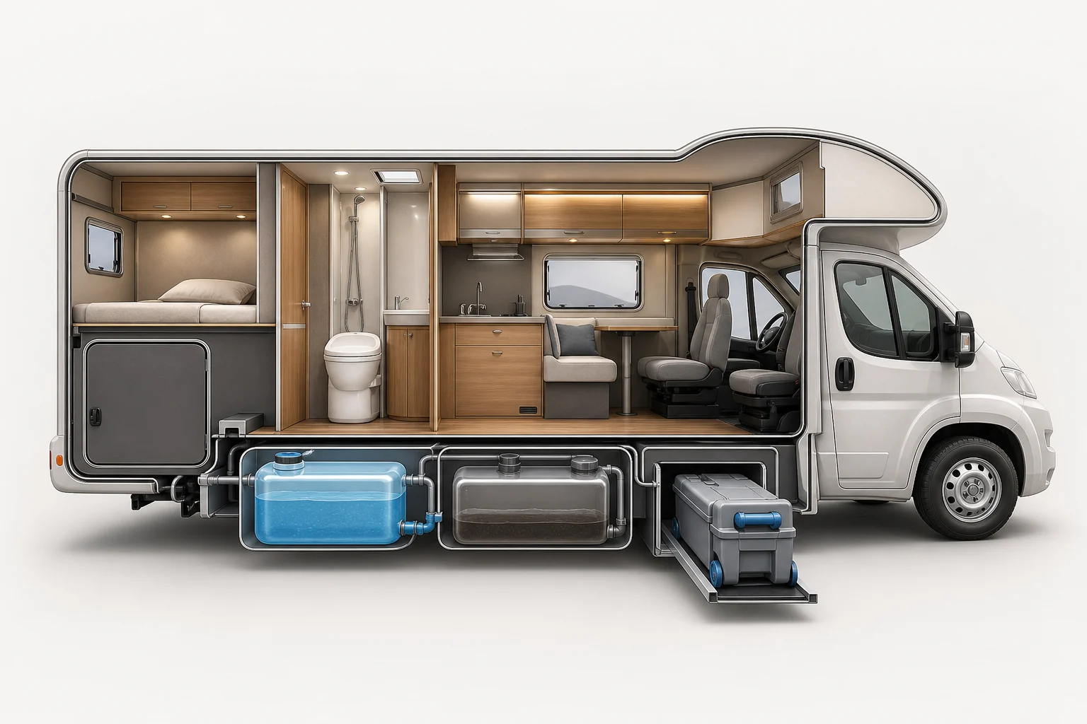 Visual diagram of a motorhome with fresh-water, wastewater and toilet cassette tanks