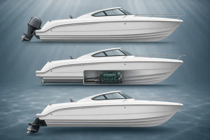Illustration of a recreational boat in side view with three propulsion layouts: outboard, inboard and sterndrive.