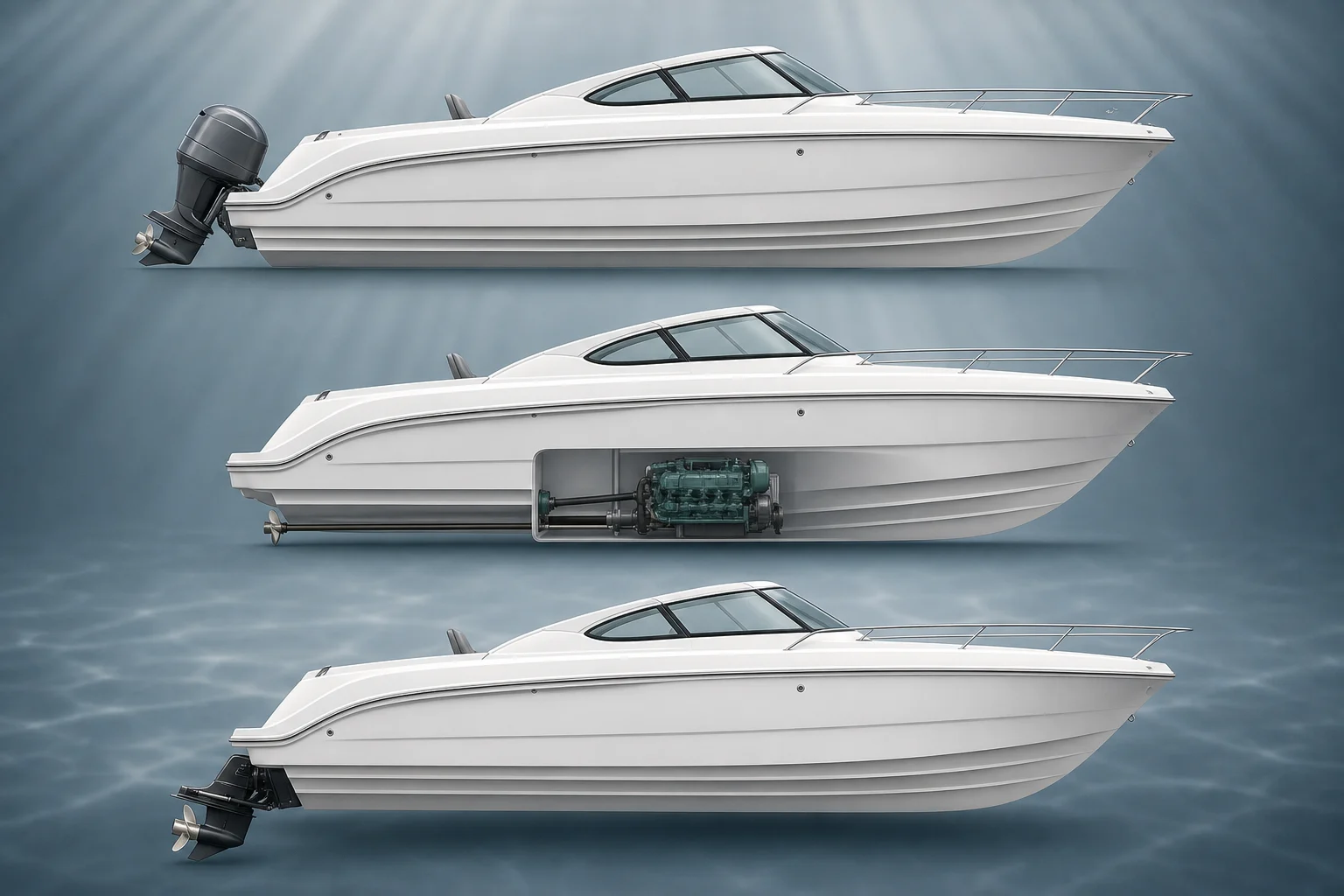 Illustration of a recreational boat in side view with three propulsion layouts: outboard, inboard and sterndrive.