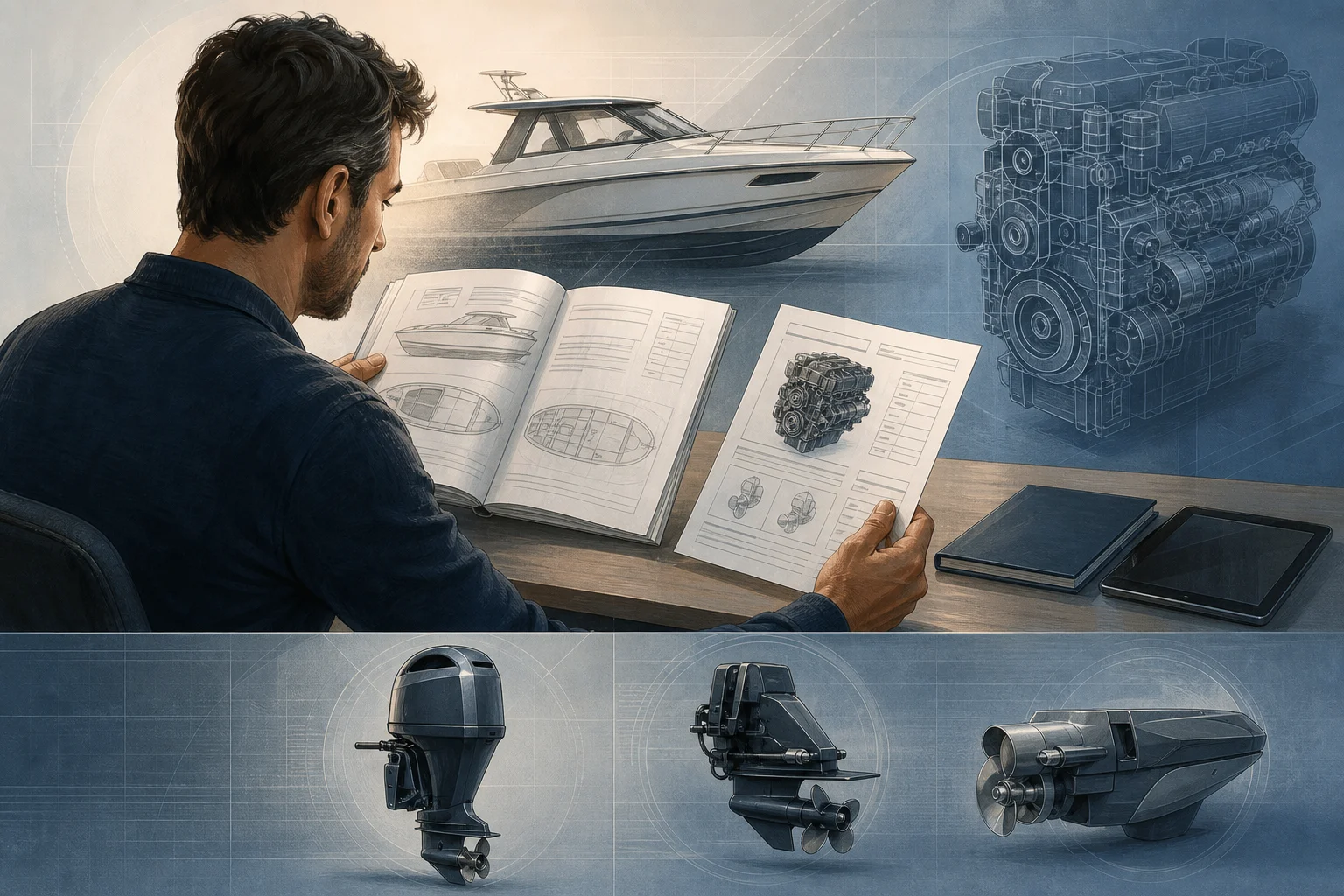 Person comparing boat and engine documentation beside marine propulsion diagrams.