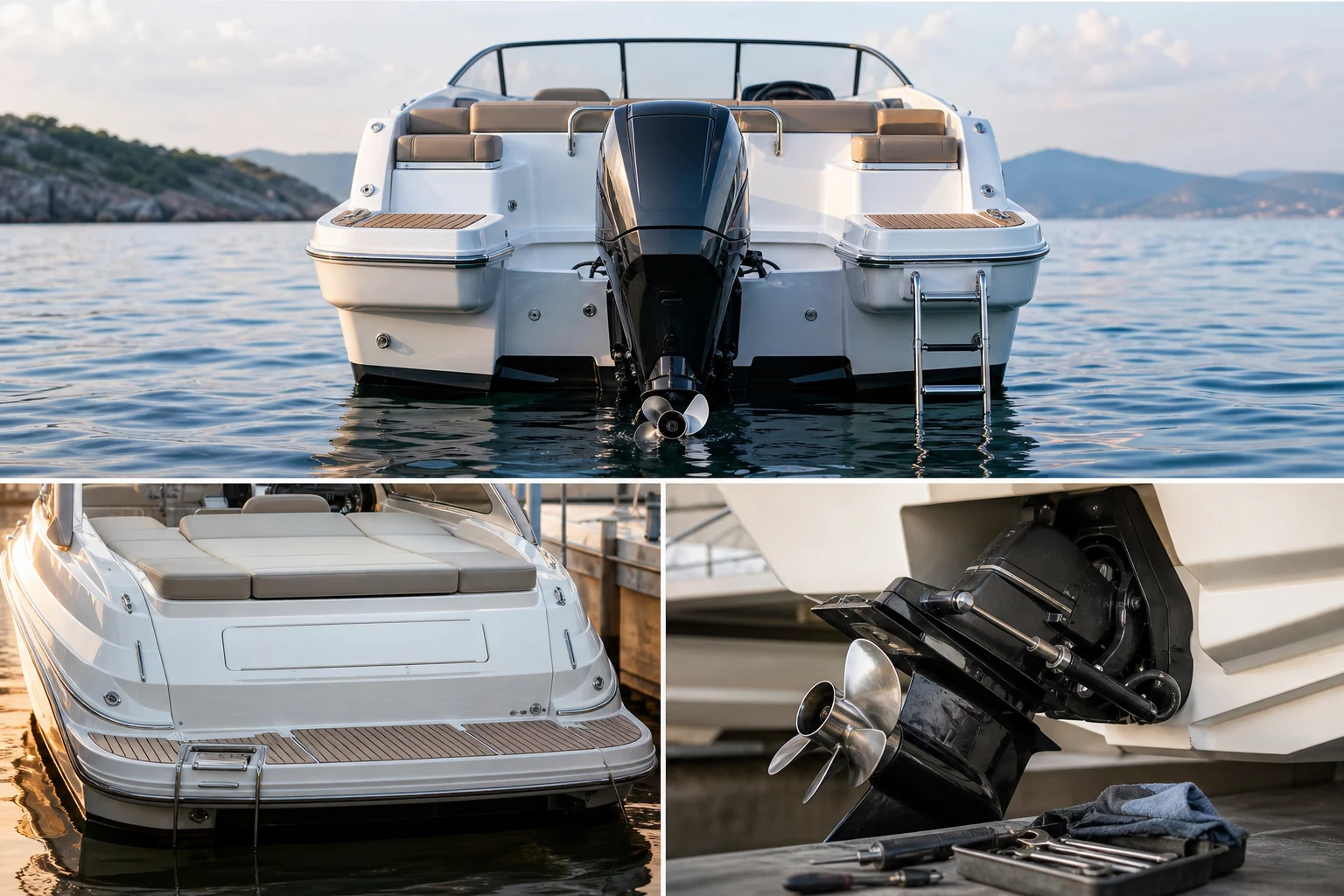 Visual comparison of sterns with an outboard engine, inboard compartment and sterndrive maintenance components.