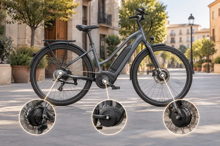 Urban electric bike beside a cycle path, with the mid-drive motor and hubs subtly highlighted.