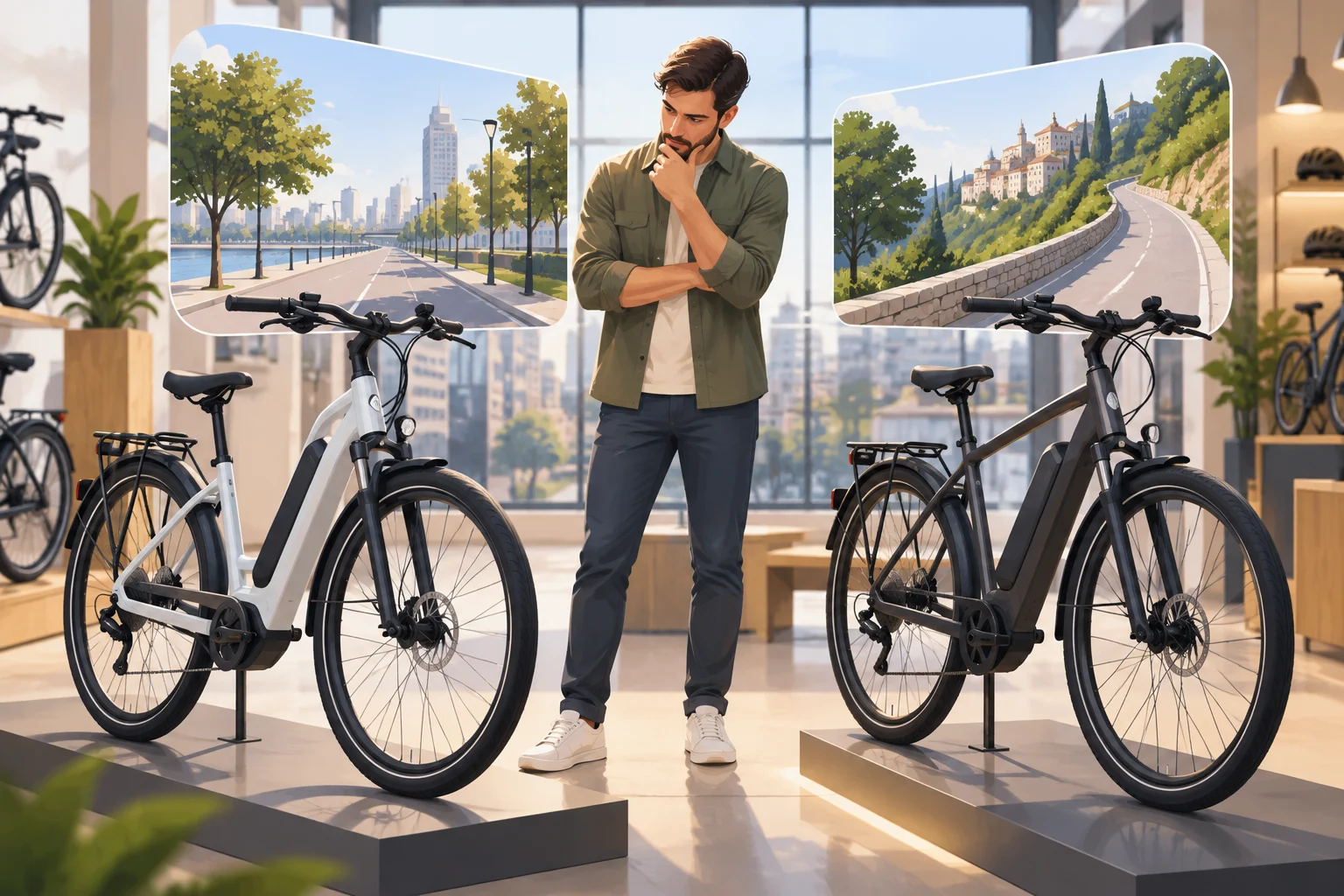 A buyer comparing two urban electric bikes before choosing one.