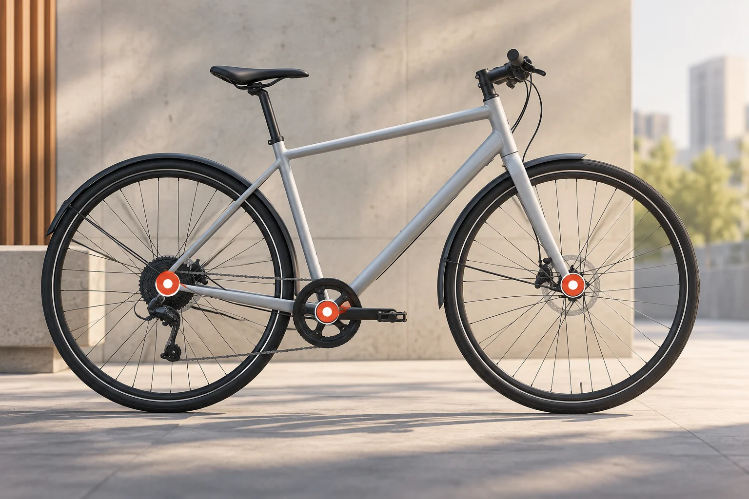 Side view of a bike with the bottom bracket and both wheel hubs highlighted.