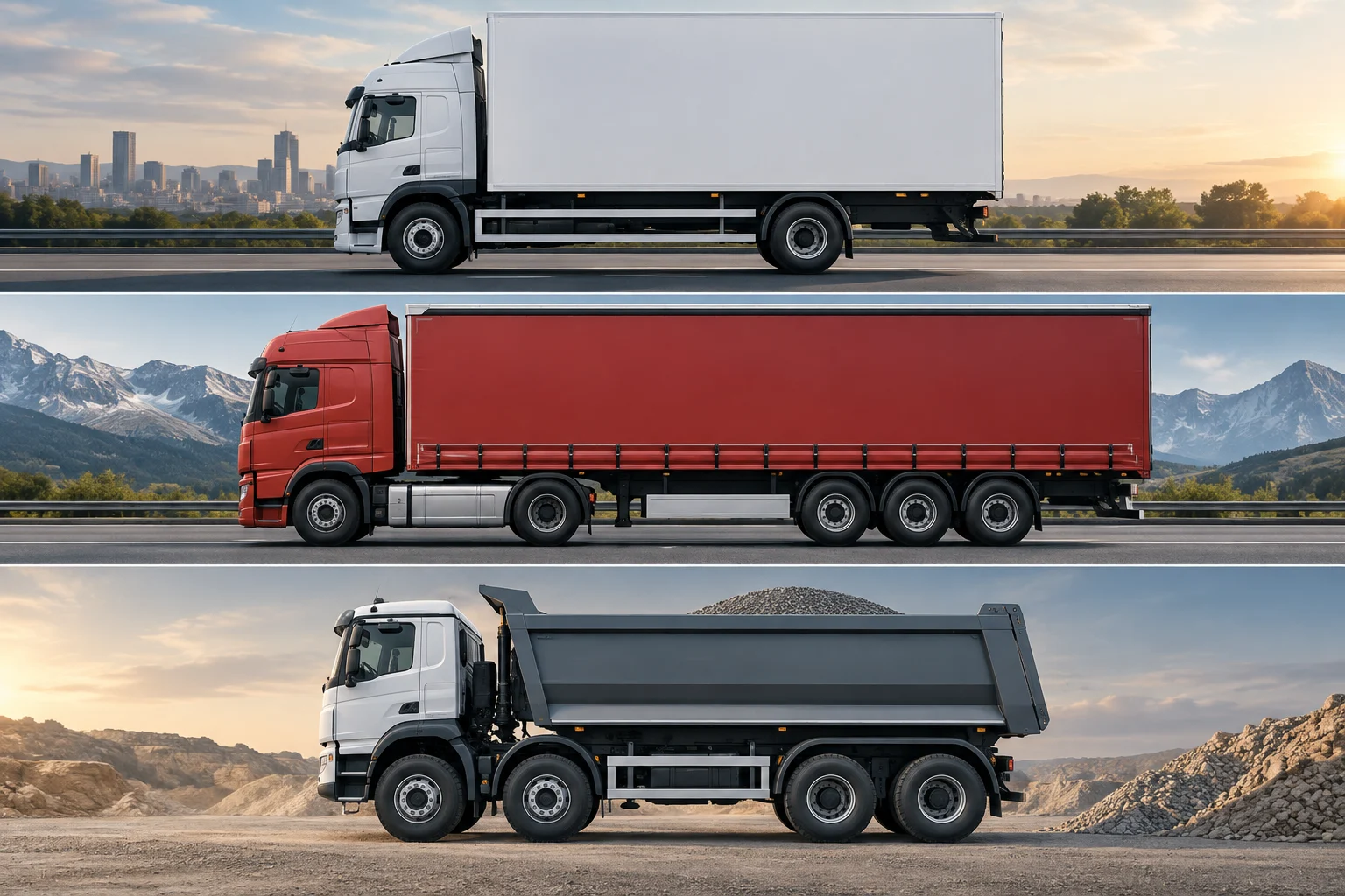 Three generic trucks in profile with different axle configurations
