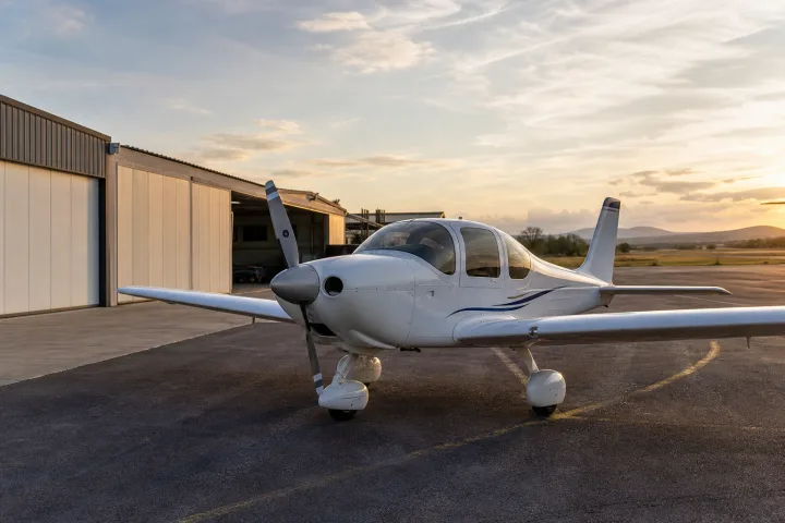 Light single-engine aeroplane parked on an aerodrome apron at sunset