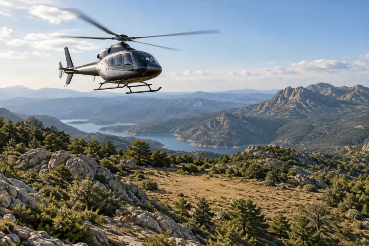 Helicopter flying over a mountainous area with no nearby runway