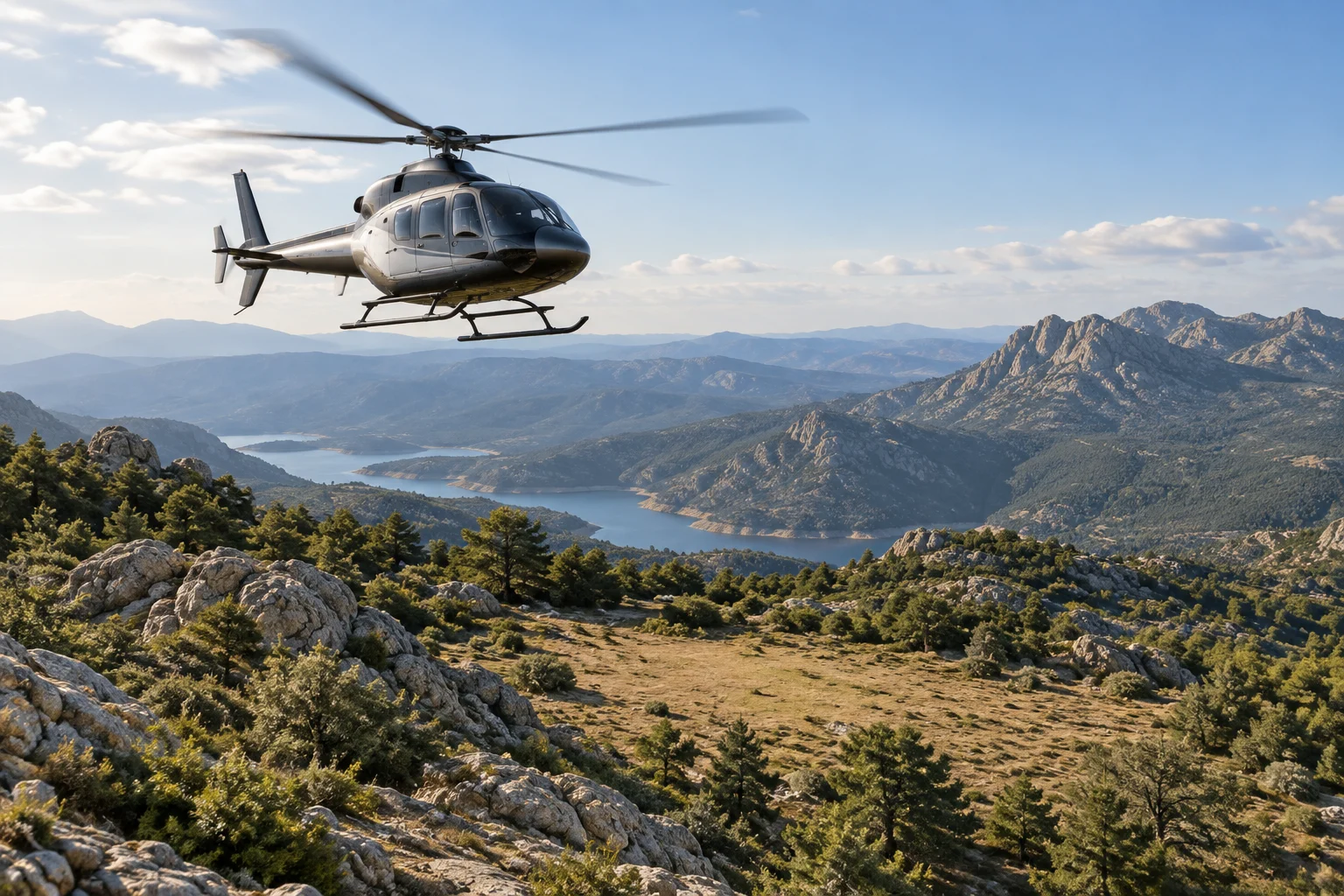 Helicopter flying over a mountainous area with no nearby runway