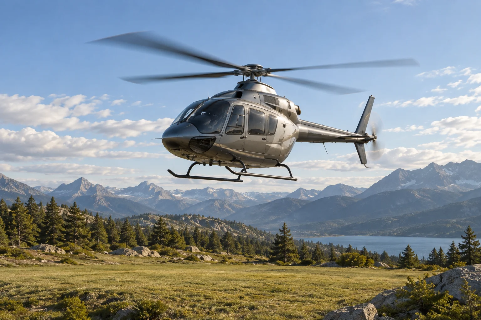 Helicopter hovering over a clearing surrounded by vegetation