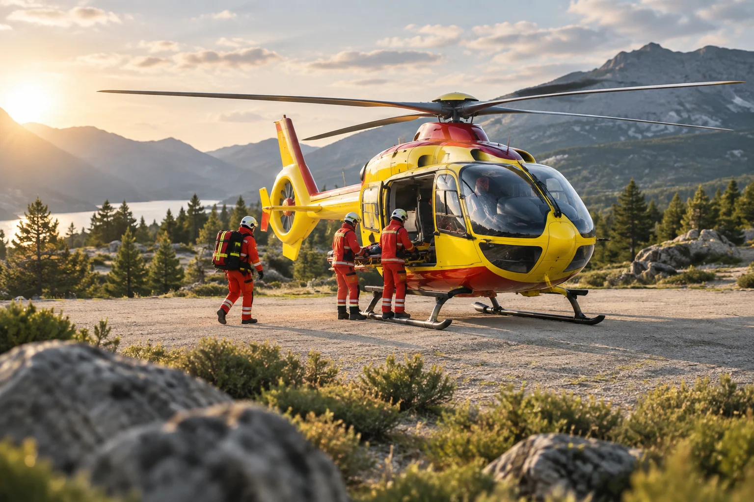Emergency helicopter near a clear area in a natural setting