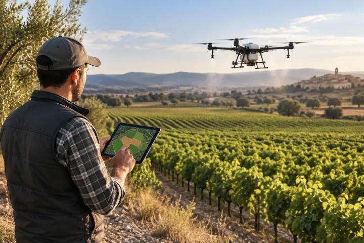 Drone flying over a field while someone checks a crop map on a tablet