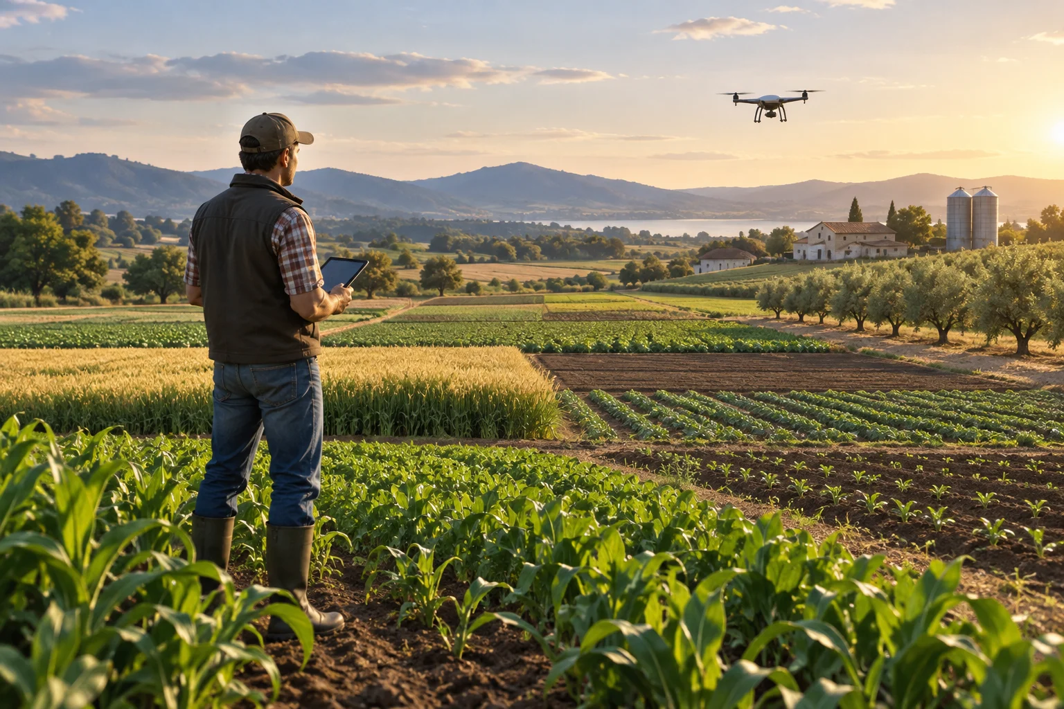 Farmer observes different areas of a field while a drone is in the air
