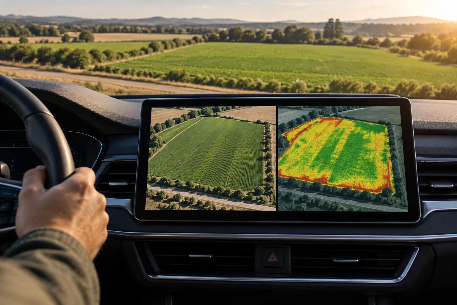 Two views of a field show a colour image and a multispectral analysis image