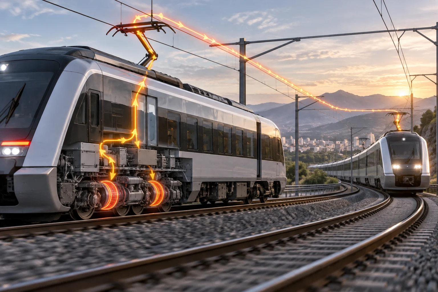 Electric train braking beneath overhead wires, with a visual diagram showing electricity flowing towards the railway infrastructure
