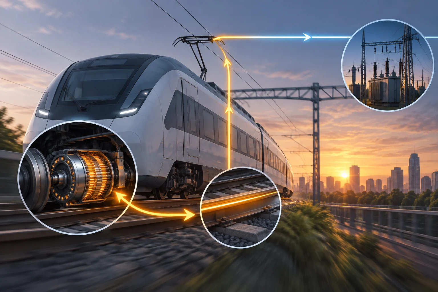 Diagram of an electric train generating energy as it brakes and sending it towards the railway infrastructure