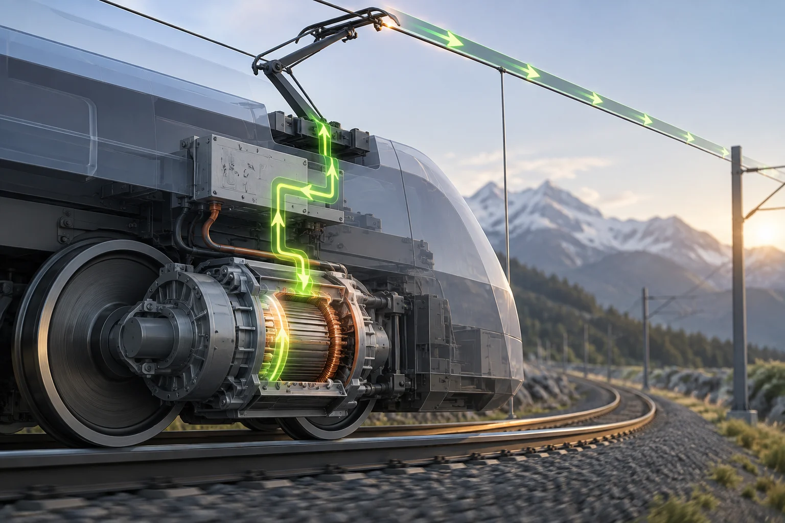 An electric train’s traction motor connected to the overhead wires during regenerative braking