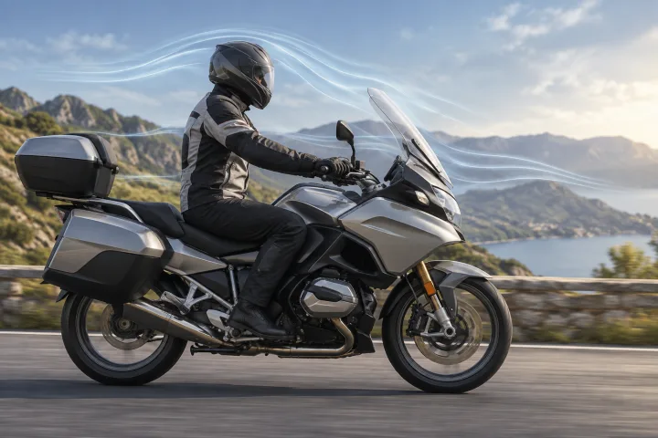 Motorcyclist seated on a touring motorcycle, seen from the side, with airflow shown around the windscreen and helmet