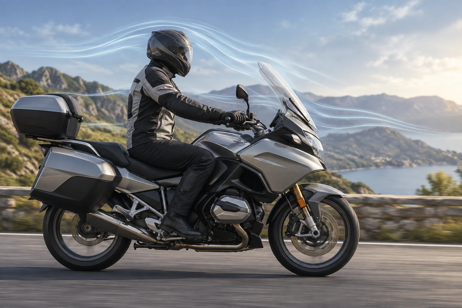 Motorcyclist seated on a touring motorcycle, seen from the side, with airflow shown around the windscreen and helmet