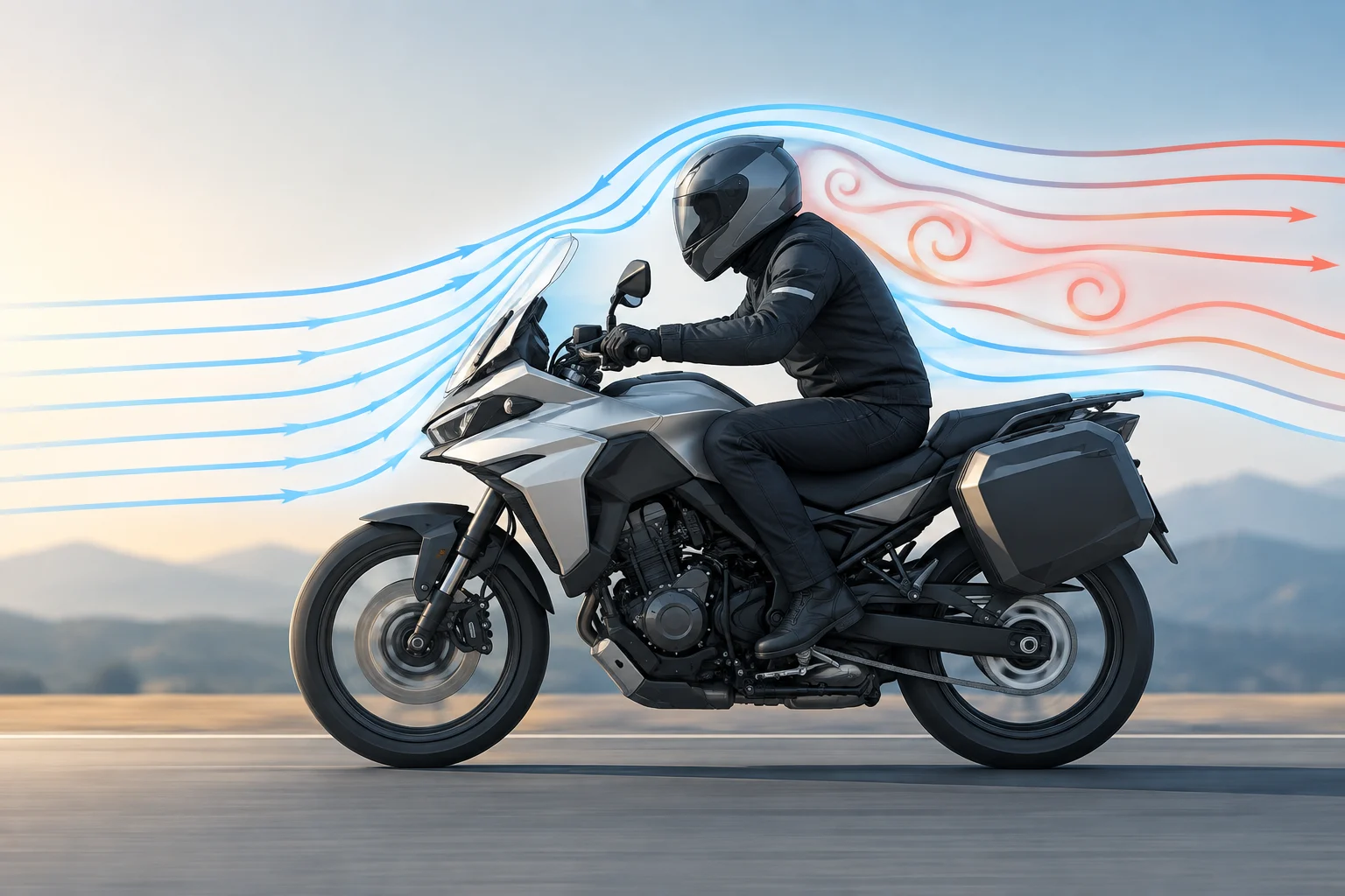 Side view of a motorcycle with the rider and airflow around the windscreen and helmet