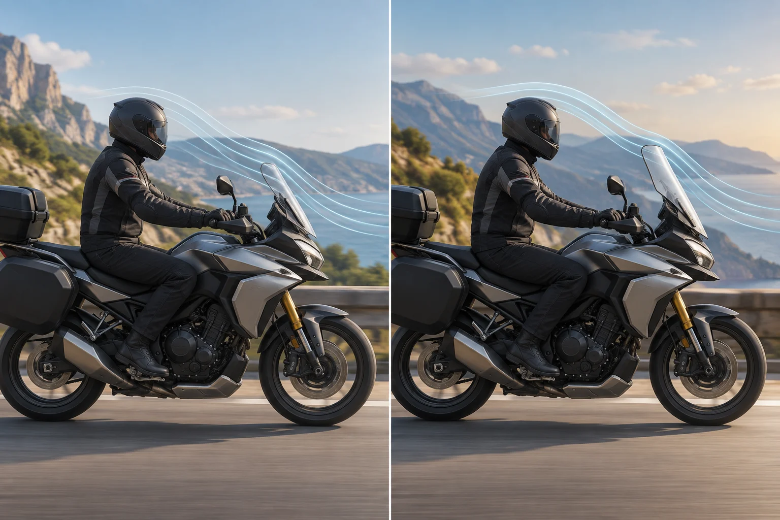 Two configurations of a generic motorcycle, one with a higher windscreen and one with a lower windscreen