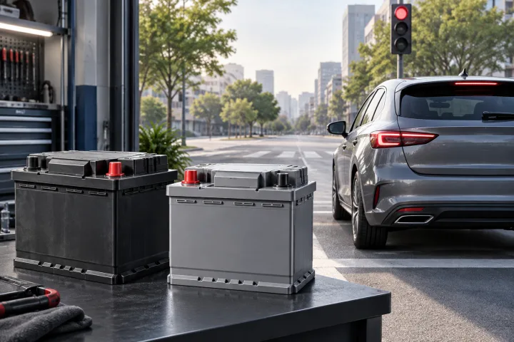 Illustration of two different car batteries beside a vehicle with start-stop technology