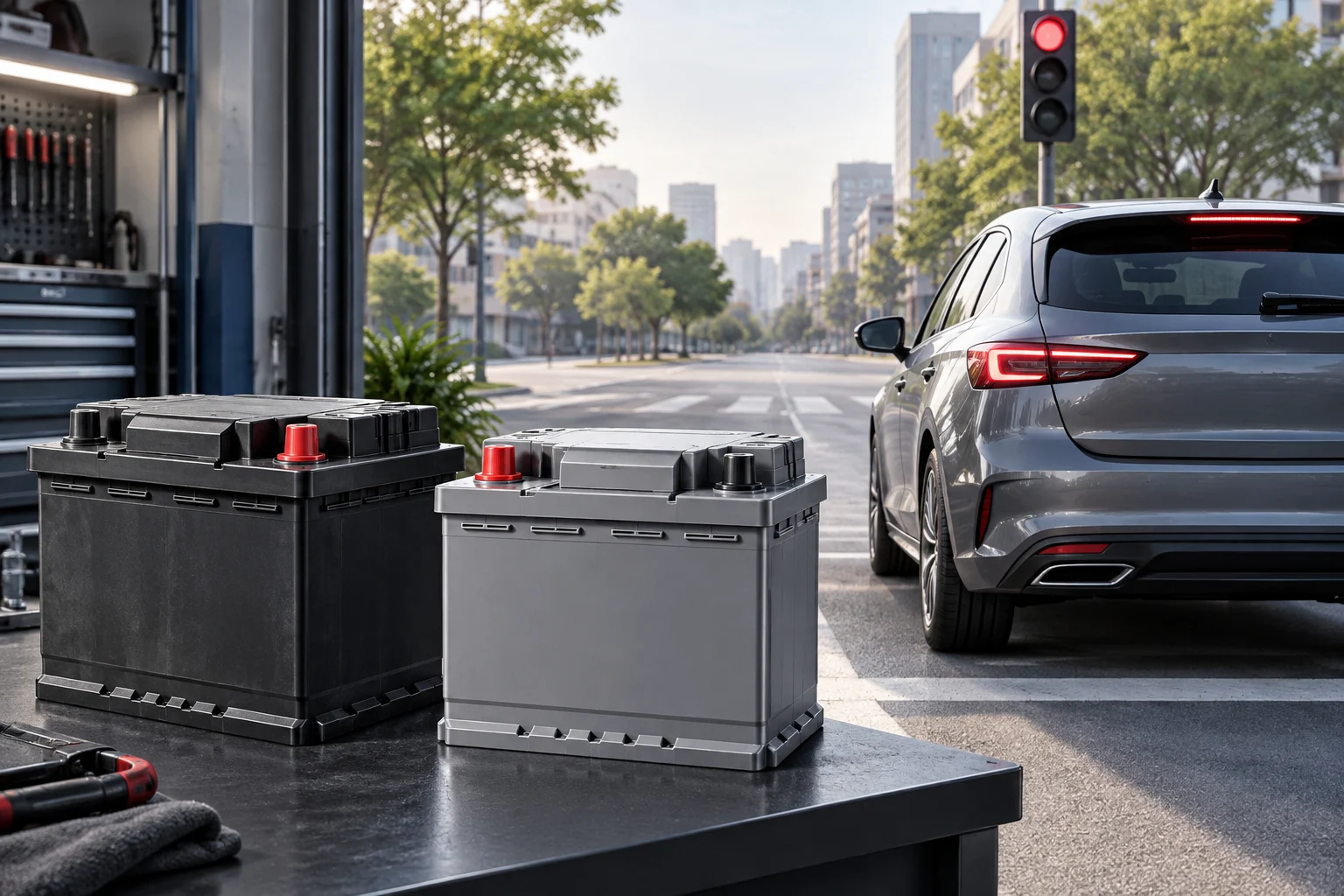 Illustration of two different car batteries beside a vehicle with start-stop technology