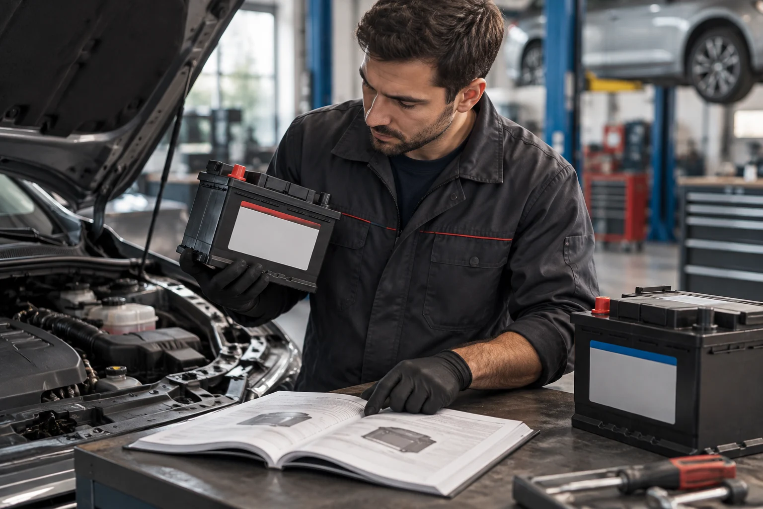 Someone in a workshop compares the fitted battery with the vehicle information