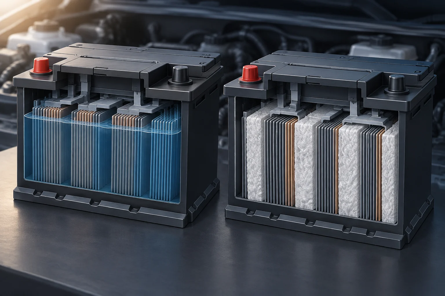 Visual comparison of an EFB and AGM battery, with the internal mat shown in the AGM