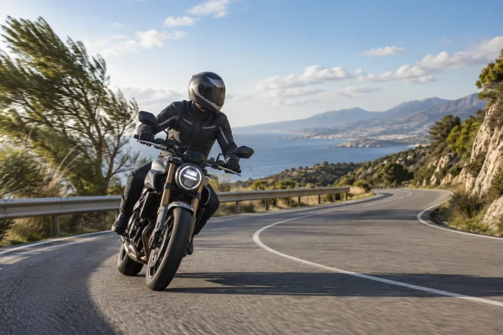 Motorcyclist riding along an open road with vegetation moving in the wind