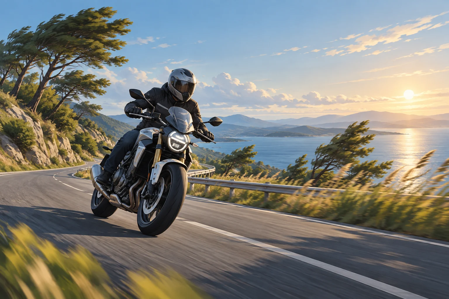 Motorcycle on an open road with trees leaning in the wind