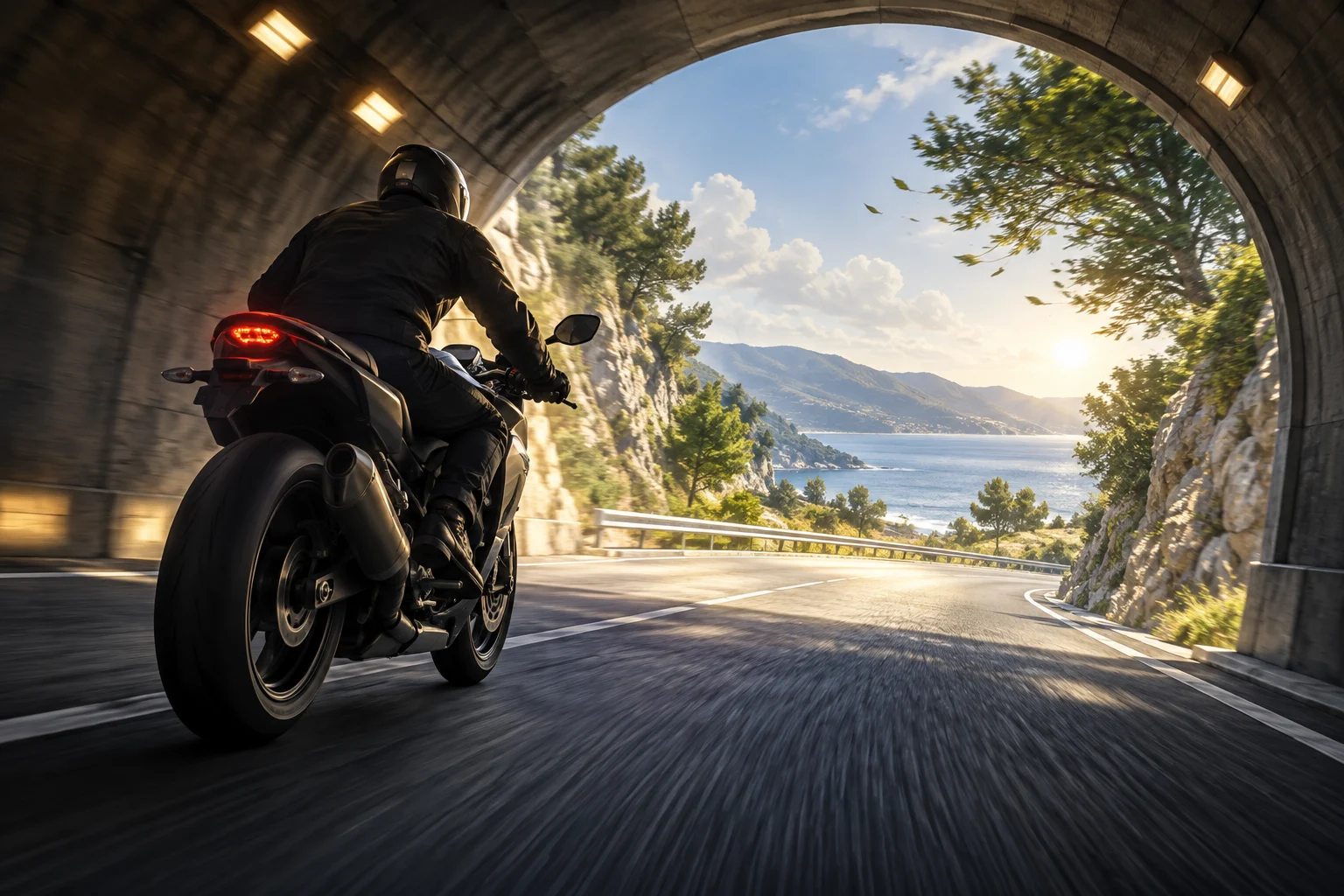 Motorcyclist approaching a tunnel exit with wind outside