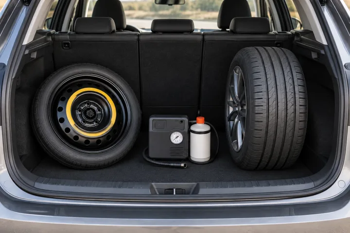 Car boot showing a space-saver wheel, a puncture repair kit and a run-flat tyre as distinct options
