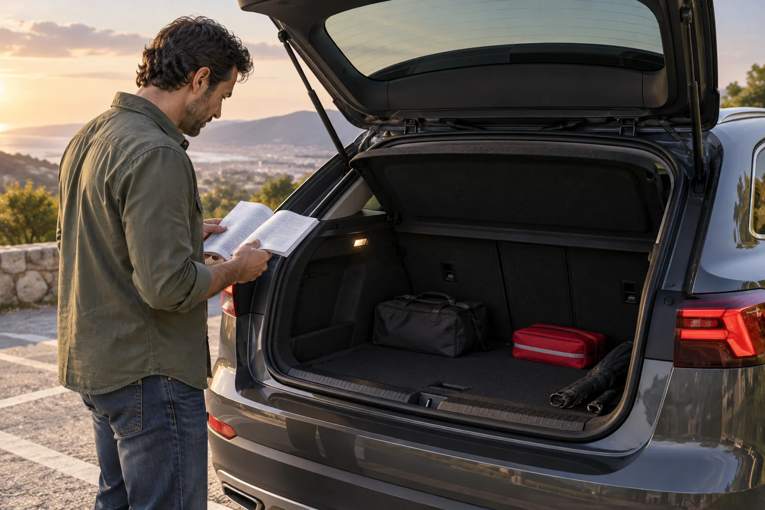 Buyer checking a car’s boot and manual before deciding on its puncture equipment