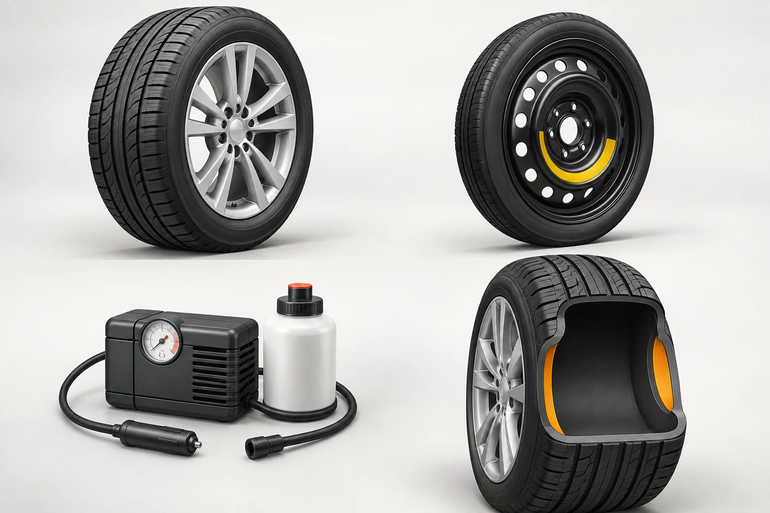 Four options for dealing with a puncture: conventional wheel, space-saver wheel, repair kit and run-flat tyre