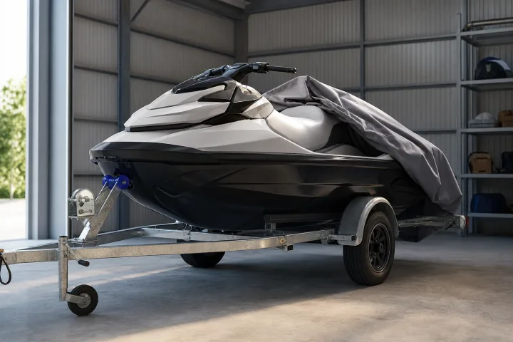 Clean, covered jet ski on a trailer in an indoor storage space