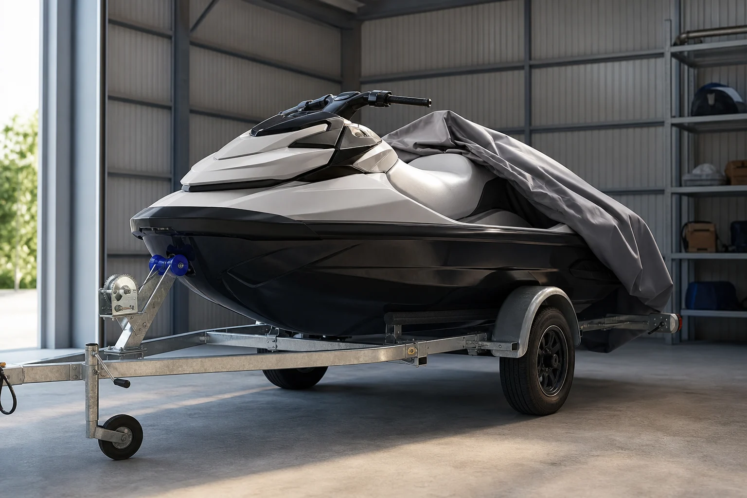 Clean, covered jet ski on a trailer in an indoor storage space