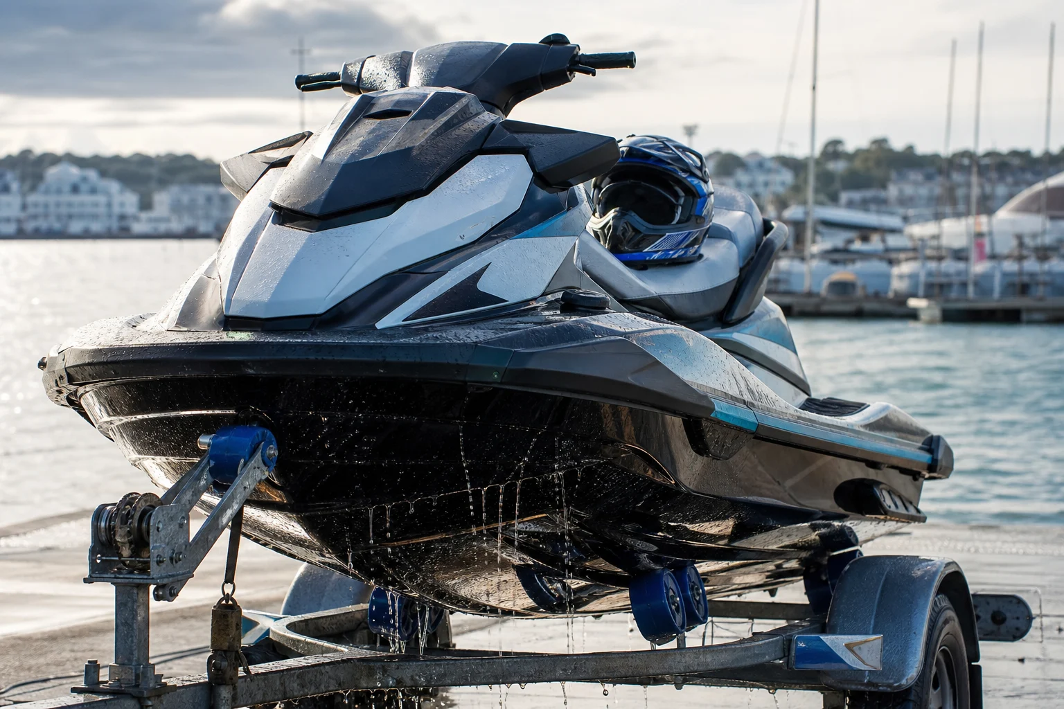 Generic jet ski with a wet hull being removed from marina water on a trailer