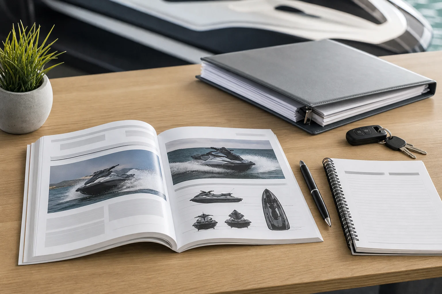 Jet ski manual, document folder, keys and maintenance notebook on a tidy worktable