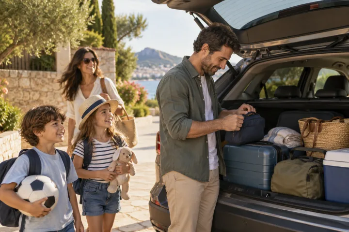 Family beside a car ready for a road trip, with a small bag within reach and luggage stowed in the boot.
