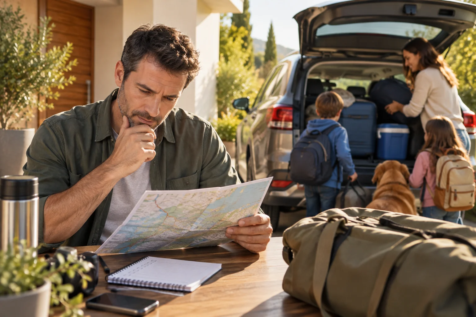 An adult checks the route and organises a small bag before a family trip.