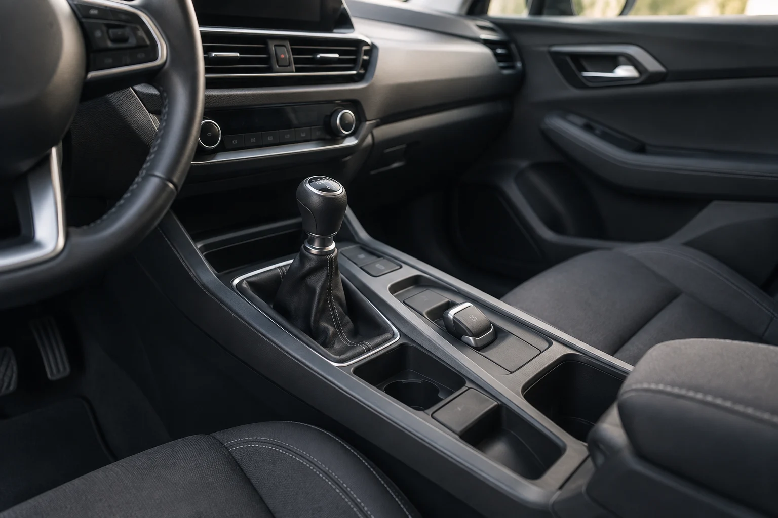 Console of a used car showing a parking brake lever and an electric switch as alternatives.