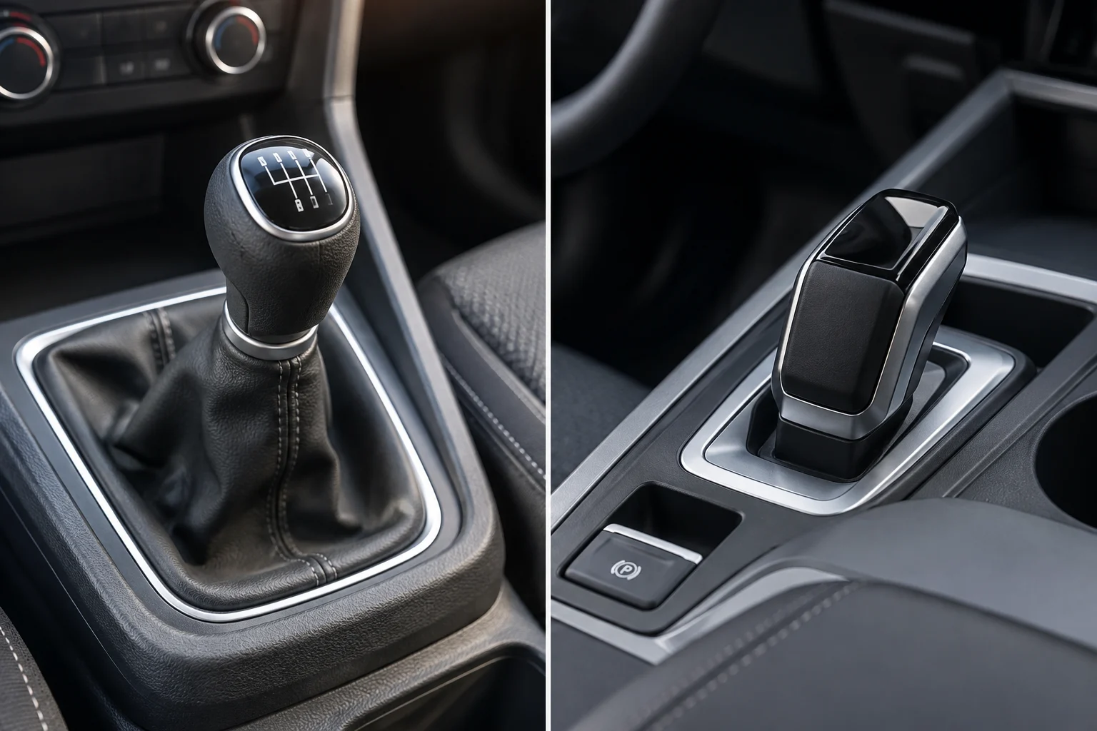 Mechanical lever and electric switch shown on a car console to compare their controls.