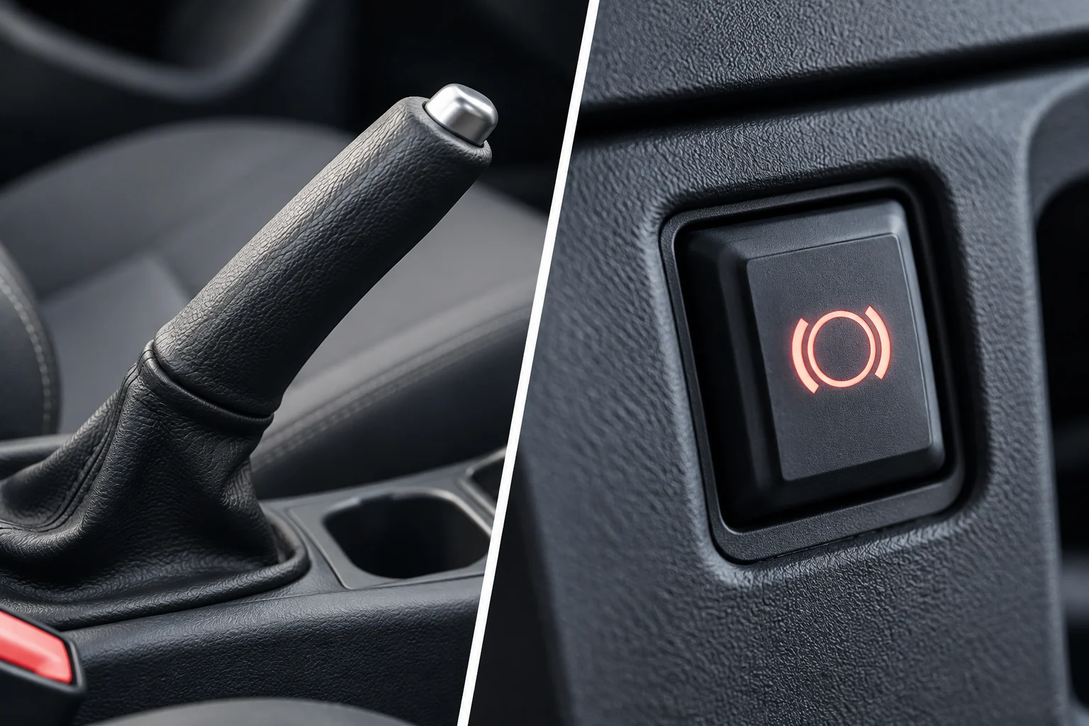 Close-up of a mechanical lever and an electric parking brake switch.